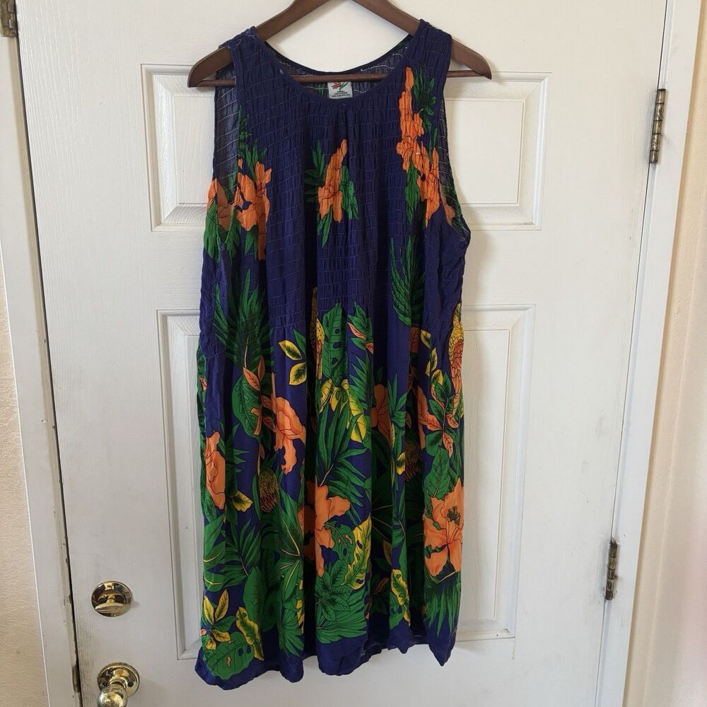 Hawaiian Dress Womens One Size Sleeveless Smocked Tropical Colorful Resort Birds - Picture 2 of 10